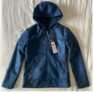 “F Collections" Jacket Size Small Blue Suede Zippered Front Long Sleeve Hooded